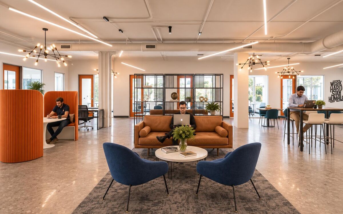 Co-working lounge with booths, sofas and communal tables